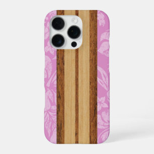 Funda Para iPhone 16 Pro Sunset Beach Faux Wood Surfboard Hawaiano Rosa Cas