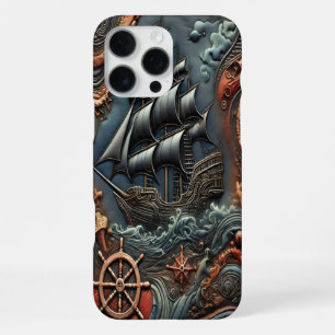 Funda Para iPhone 16 Pro Max Talla de barco de vela con olas y elementos náutic