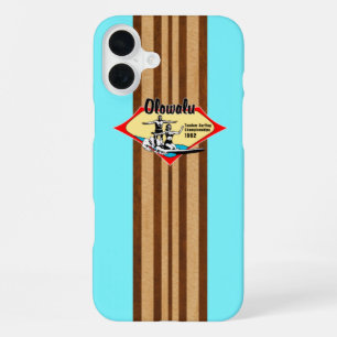 Funda Para iPhone 16 Plus Tandem Surfing Hawaiian Faux Wood Aqua Surfboard