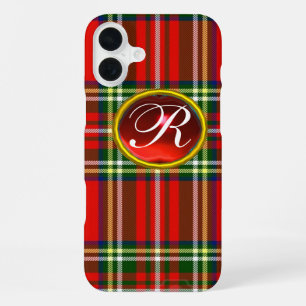 FUNDA PARA iPhone 16 PLUS TARTÁN ESCOCÉS Y MONOGRAMA DE GEMA RUBÍ ROJO