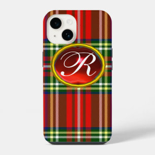FUNDA PARA iPhone 14 TARTÁN ESCOCÉS Y MONOGRAMA DE PIEDRA PRECIOSA RUBÍ
