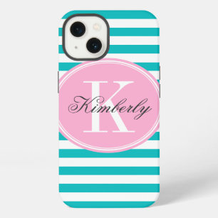 Teal Stripes with Bubblegum Pink Monogram