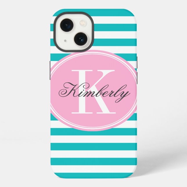 Funda Para iPhone Teal Stripes with Bubblegum Pink Monogram (Reverso )