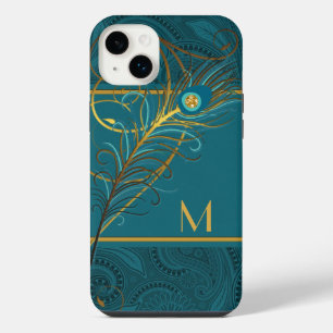 Funda Para iPhone 14 Plus Tema Verde azulado monogramado y pavo real dorado
