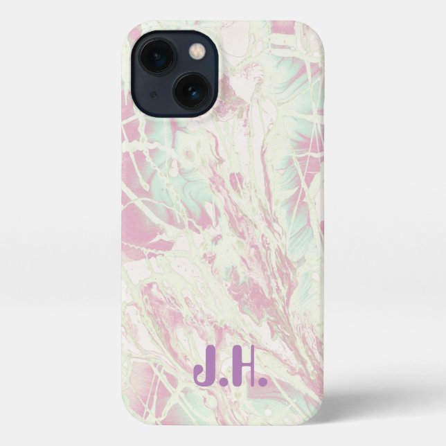 Funda Para iPhone Teñido anudado | Monograma verde de menta rosa pas (Reverso )