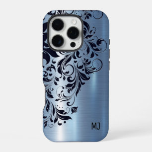 Funda Para iPhone 16 Pro Textura azul metálico con remolino azul y monogram