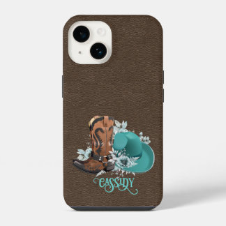 Funda Para iPhone 14 Textura de cuero cowgirl turquesa marrón