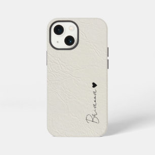 Funda Para iPhone 13 Mini textura de cuero marfil corazón minimalista script