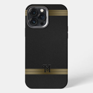Funda Para iPhone 13 Pro Max Textura de cuero vintage negro con rayas doradas