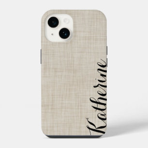 Funda Para iPhone 14 Textura de lino falso beige con monograma personal