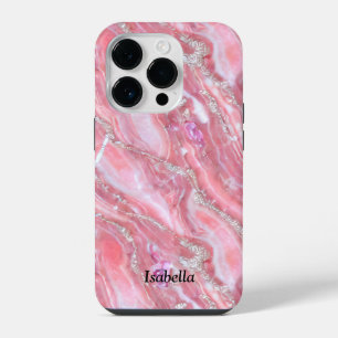 Funda Para iPhone 14 Pro Textura de mármol rosa falso con brillo de plata