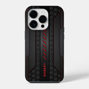 Funda Para iPhone 14 Pro Textura geométrica metálica negra con acento rojo