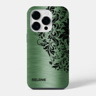 Funda Para iPhone 14 Pro Textura verde bosque metálico encaje negro y texto