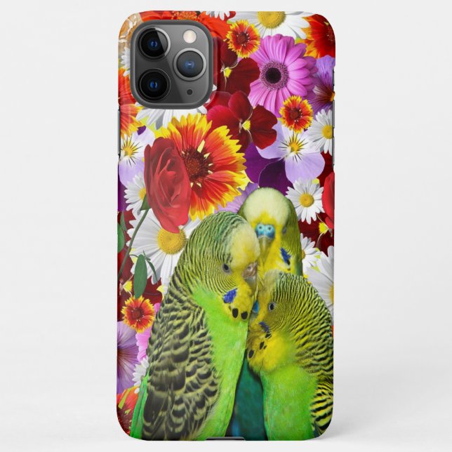 Funda Para iPhone three cute green Budgies with cloroful flower (Reverso)