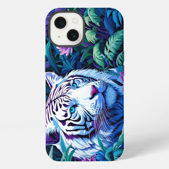 Funda Para iPhone Tigre blanco con flores moradas (Reverso )