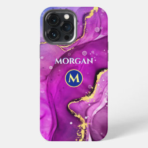 Funda Para iPhone 13 Pro Max Tinta líquida roja-violeta y dorada, monograma y n