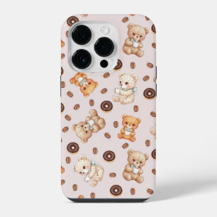 Funda Para iPhone 14 Pro Título Patrón continuo de oso, café y donuts lindo