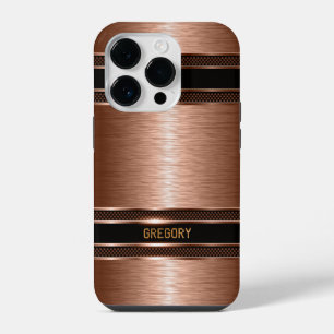 Funda Para iPhone 14 Pro Tonos Marrones de Cobre Textura Metálica Monograma