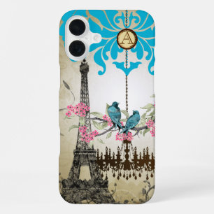 Funda Para iPhone 16 Plus Torre Eiffel Flor de Cerezo Monograma París Pájaro