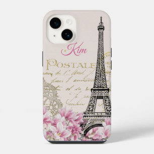 Funda Para iPhone 14 Torre Eiffel tarjeta postal vintage Magnolias