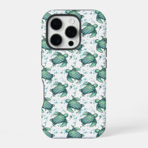 Funda Para iPhone 16 Pro tortuga marina acuarela verde azul patrón animal