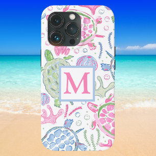 Funda Para iPhone 13 Pro Tortugas Marinas Acuarela Monograma Costero Océano
