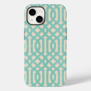 Funda Para iPhone 14 Trellis de lino beige y aqua rústico