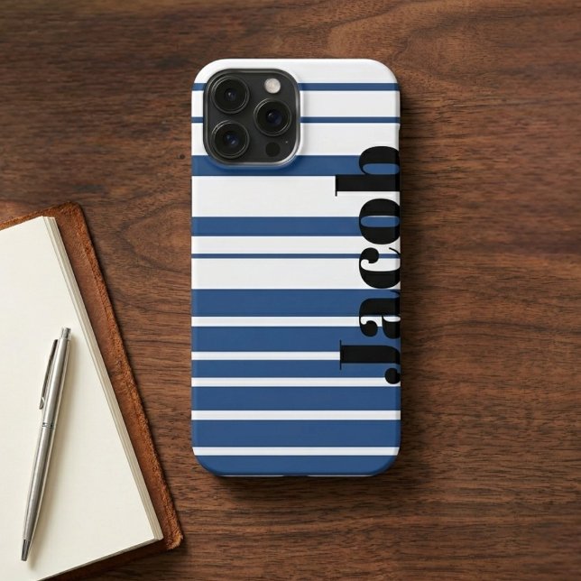 Funda Para iPhone Trendy Blue Striped Custom Name iPhone Case (Subido por el creador)