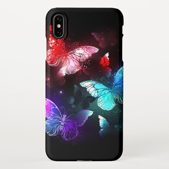 Funda Para iPhone Tres mariposas brillantes en el fondo nocturno (Reverso)