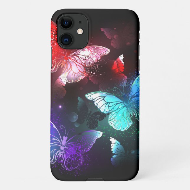 Funda Para iPhone Tres mariposas brillantes en el fondo nocturno (Reverso)