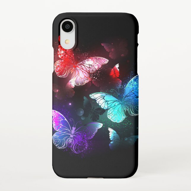 Funda Para iPhone Tres mariposas brillantes en el fondo nocturno (Reverso)