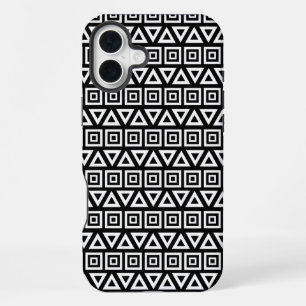 Funda Para iPhone 16 Plus Triángulos aztecos+Cuadrados Patrón blanco sobre n