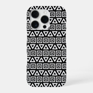 Funda Para iPhone 16 Pro Triángulos aztecos+Cuadrados Patrón blanco sobre n