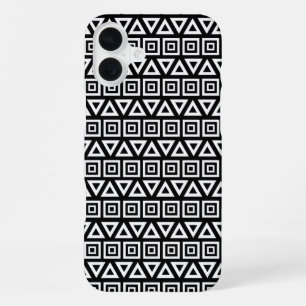 Funda Para iPhone 16 Plus Triángulos aztecos+Cuadrados Patrón blanco sobre n