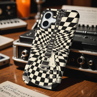 Funda Para iPhone 16 Plus Trippy Checkered Electric Guitar Black and White