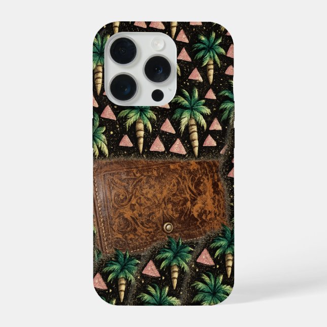 Funda Para iPhone  Tropical Palm & Leather Wallet Pattern iPhone 15  (Reverso )
