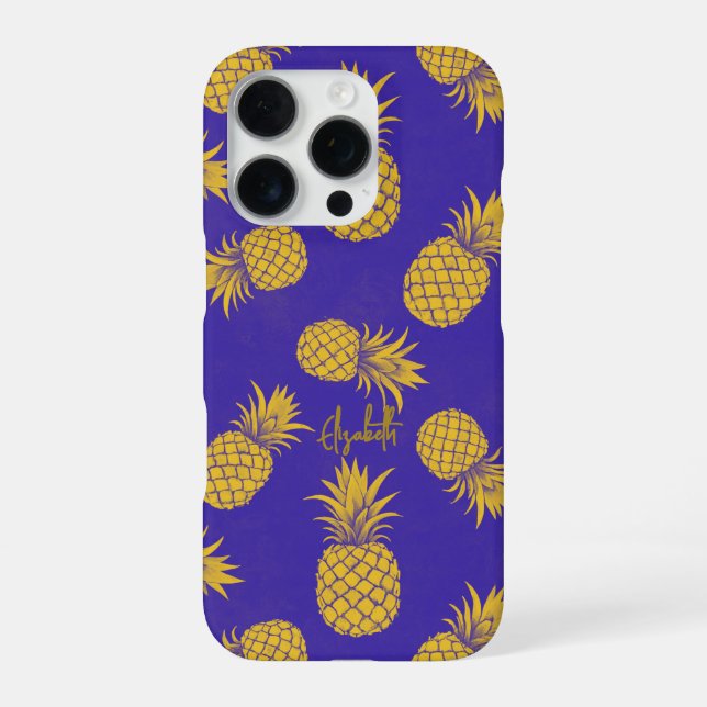 Funda Para iPhone Tropical Pineapple with Name – Watercolor Style (Reverso)