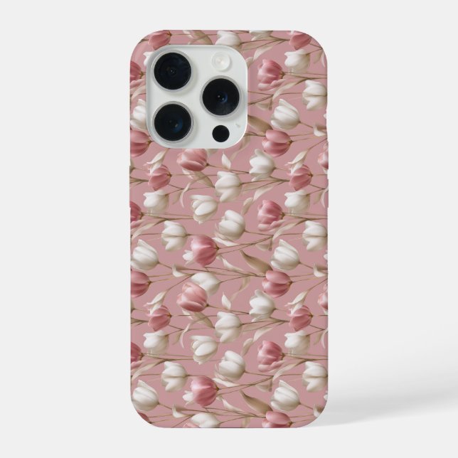 Funda Para iPhone Tulipán suave rosa Patrón floral blanco (Reverso )