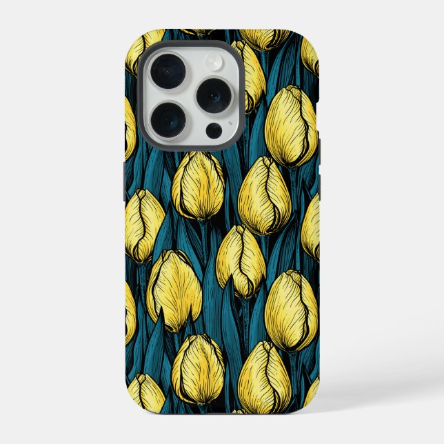 Funda Para iPhone Tulipanes amarillos con hojas azules (Reverso )