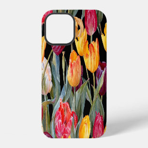 Funda Para iPhone 12 Tulipanes coloridos, fondo negro aislado.