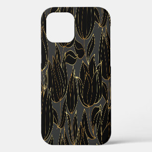 Funda Para iPhone 12 Tulipanes de oro negro: patrón floral de lujo