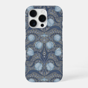 Funda Para iPhone 16 Pro Tulipanes Retro Nouveau en azul y estaño