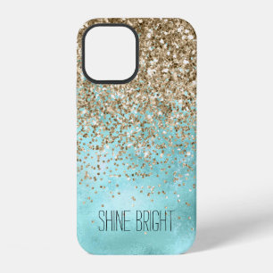 Funda Para iPhone 12 Turquesa Aqua Dorado Glam Brillante Brillo