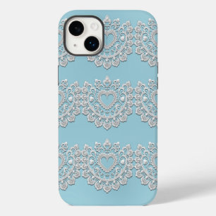 Funda Para iPhone 14 Plus Turquesa Azul Blanco Encaje Corazón Boda Bridal