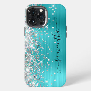 Funda Para iPhone 13 Pro Max Turquesa Azul Brillo Plateado Firma Femenina