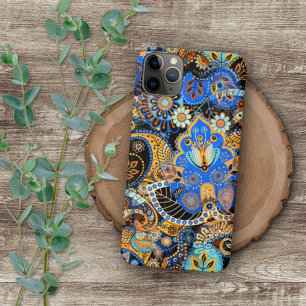 Funda Para iPhone 16 Pro Max Turquesa Azul Naranja Negro Paisley Arte Floral
