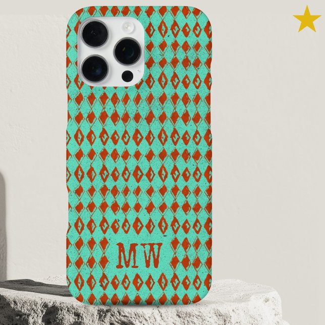 Funda Para iPhone Turquoise Doodle Diamond Pattern Custom Monogram (Subido por el creador)