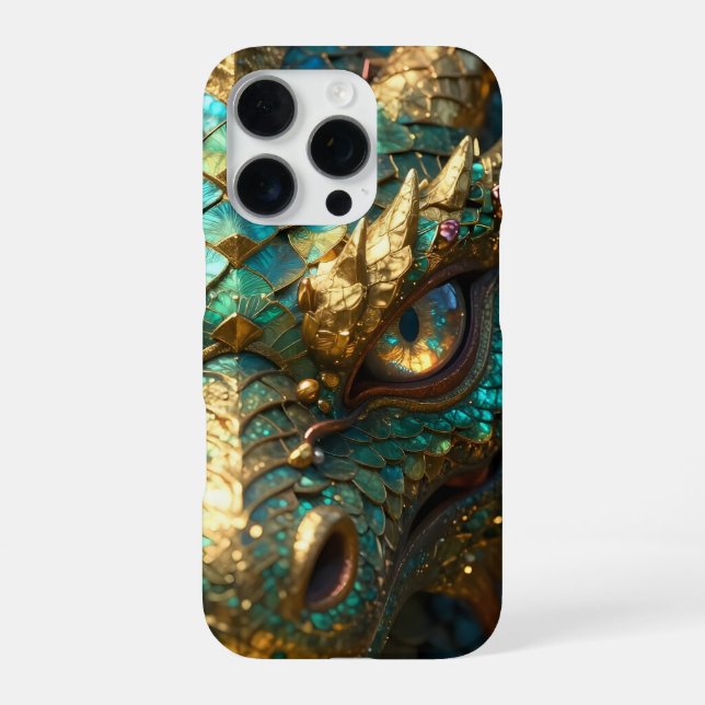 Funda Para iPhone Un dragón místico turquesa y dorado (Reverso)