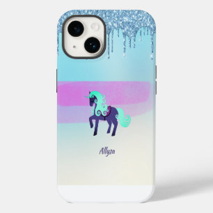 Funda Para iPhone 14 Unicornio púrpura y Verde azulada con Purpurina de