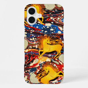 FUNDA PARA iPhone 16 PLUS UNICORNIOS DORADOS ,EFECTOS DE MÁRMOL ROJO AZUL ,C